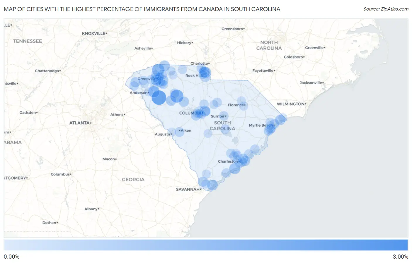 Cities with the Highest Percentage of Immigrants from Canada in South Carolina Map