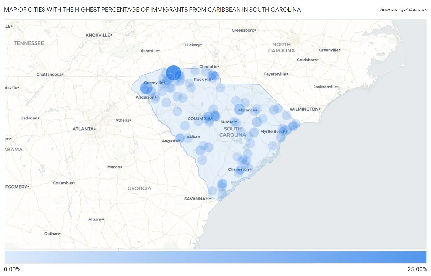 Cities with the Highest Percentage of Immigrants from Caribbean in South Carolina Map