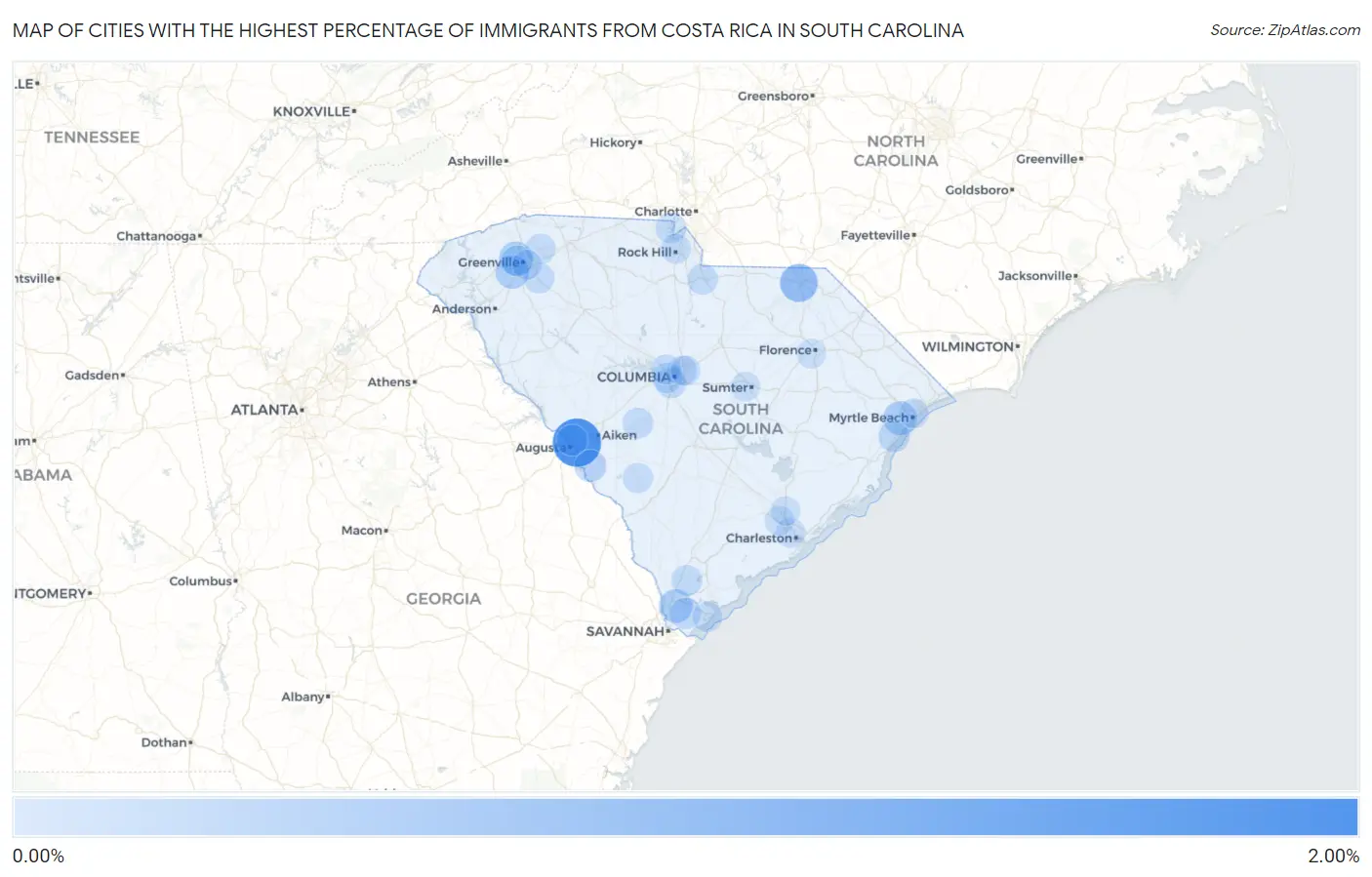 Cities with the Highest Percentage of Immigrants from Costa Rica in South Carolina Map