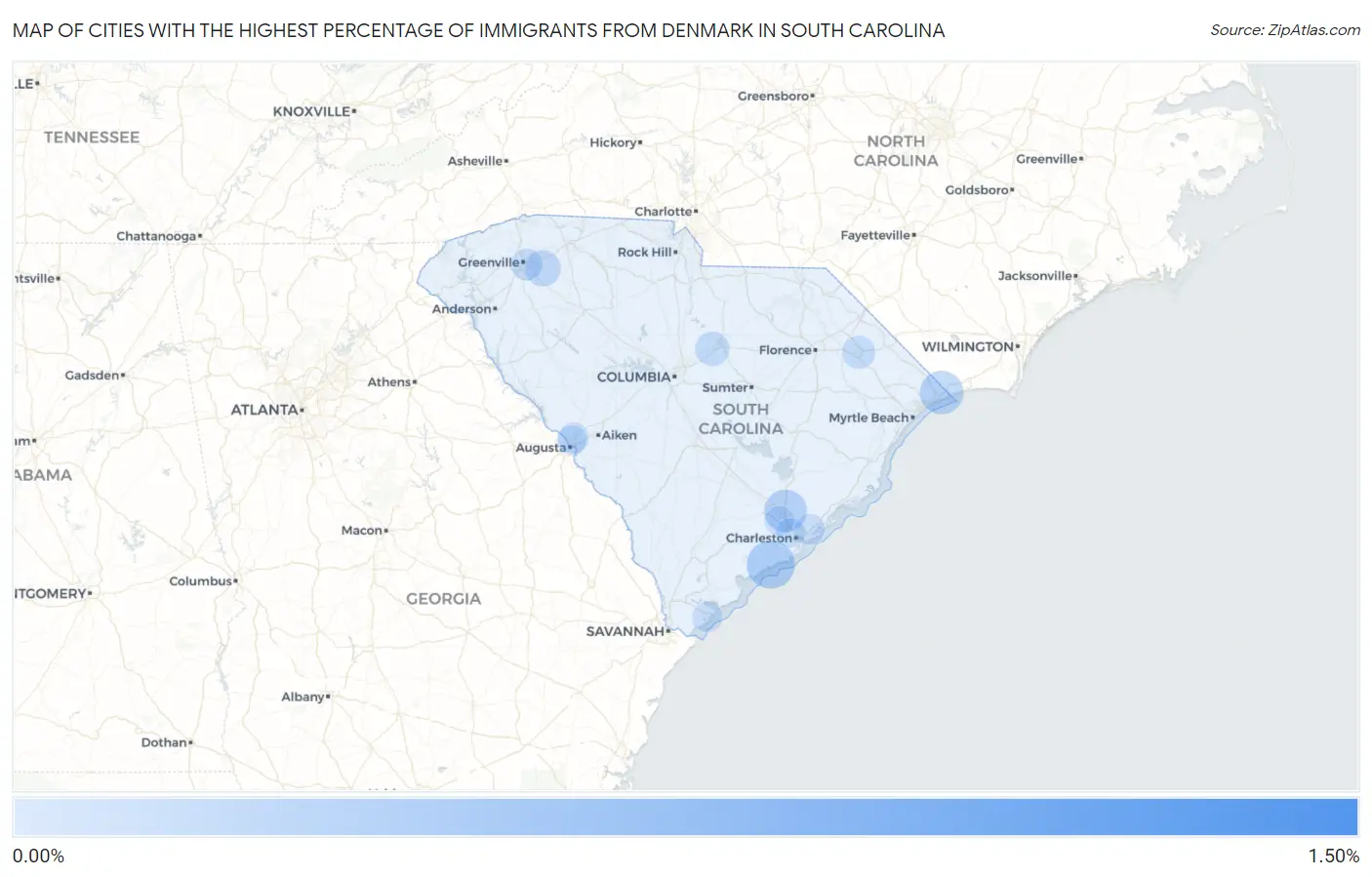 Cities with the Highest Percentage of Immigrants from Denmark in South Carolina Map