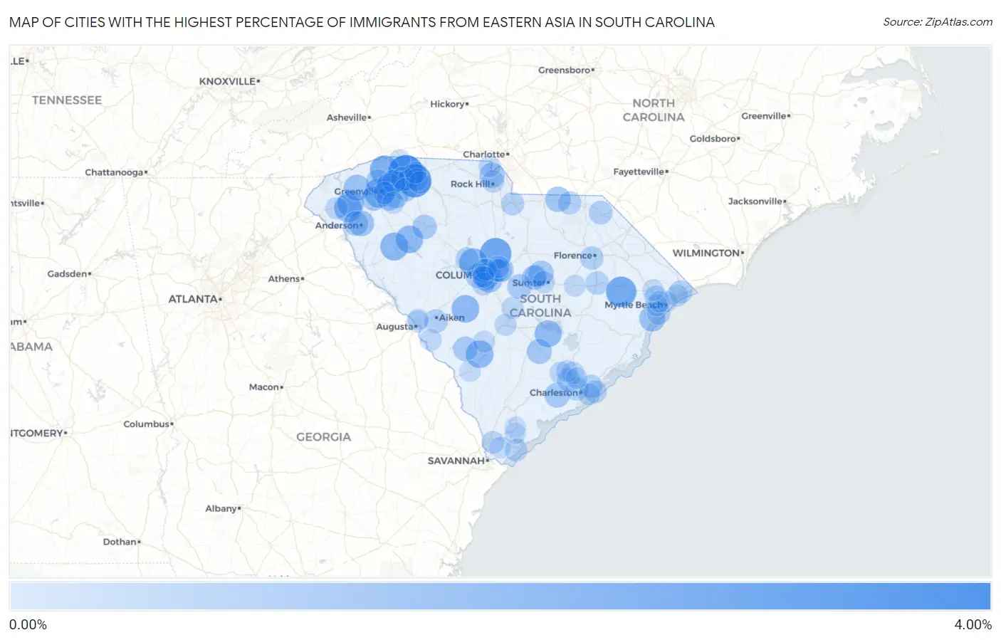 Cities with the Highest Percentage of Immigrants from Eastern Asia in South Carolina Map