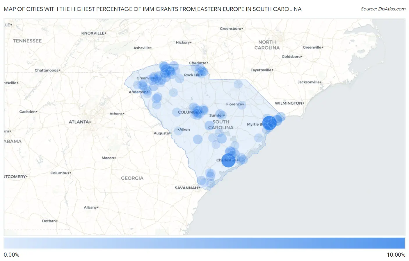 Cities with the Highest Percentage of Immigrants from Eastern Europe in South Carolina Map