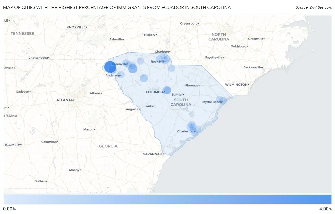 Cities with the Highest Percentage of Immigrants from Ecuador in South Carolina Map