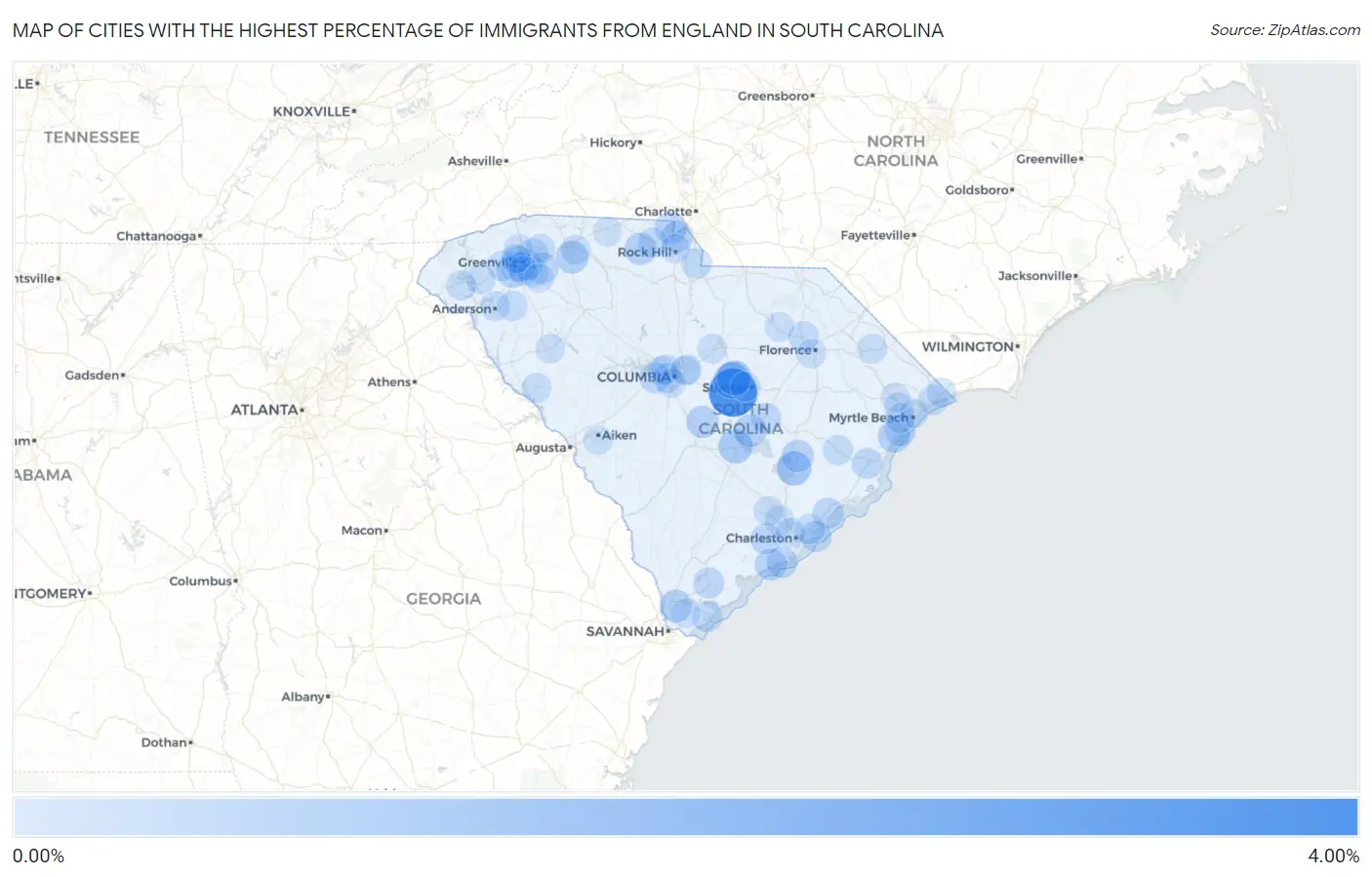 Cities with the Highest Percentage of Immigrants from England in South Carolina Map