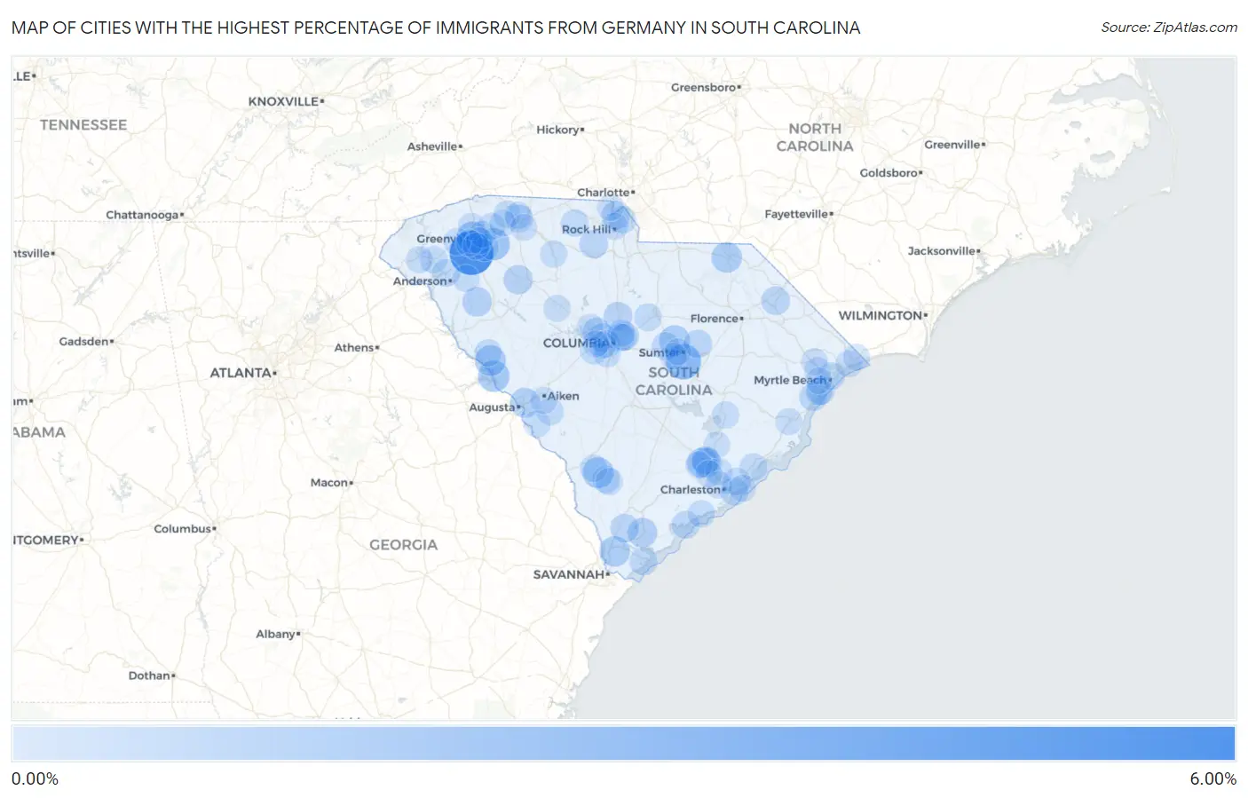 Cities with the Highest Percentage of Immigrants from Germany in South Carolina Map