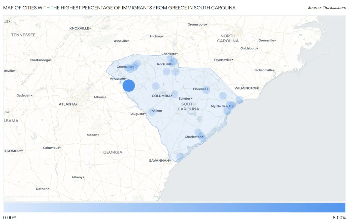 Cities with the Highest Percentage of Immigrants from Greece in South Carolina Map