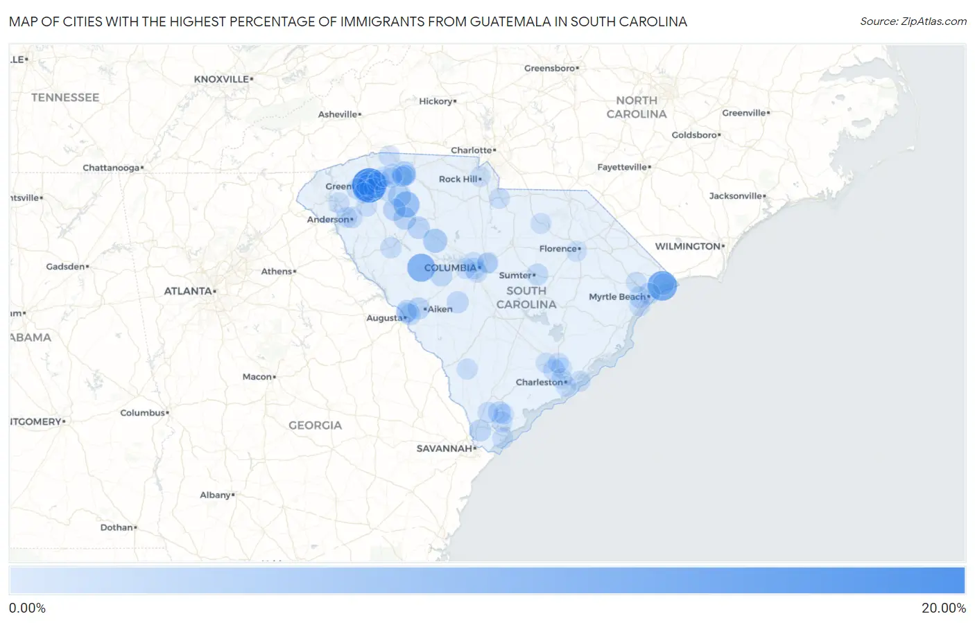 Cities with the Highest Percentage of Immigrants from Guatemala in South Carolina Map