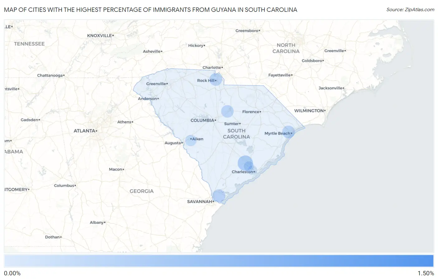 Cities with the Highest Percentage of Immigrants from Guyana in South Carolina Map