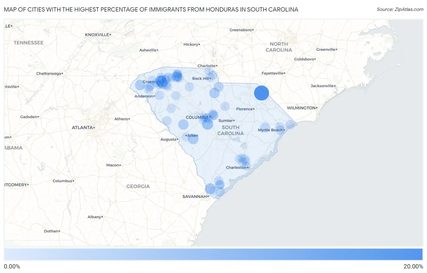 Cities with the Highest Percentage of Immigrants from Honduras in South Carolina Map
