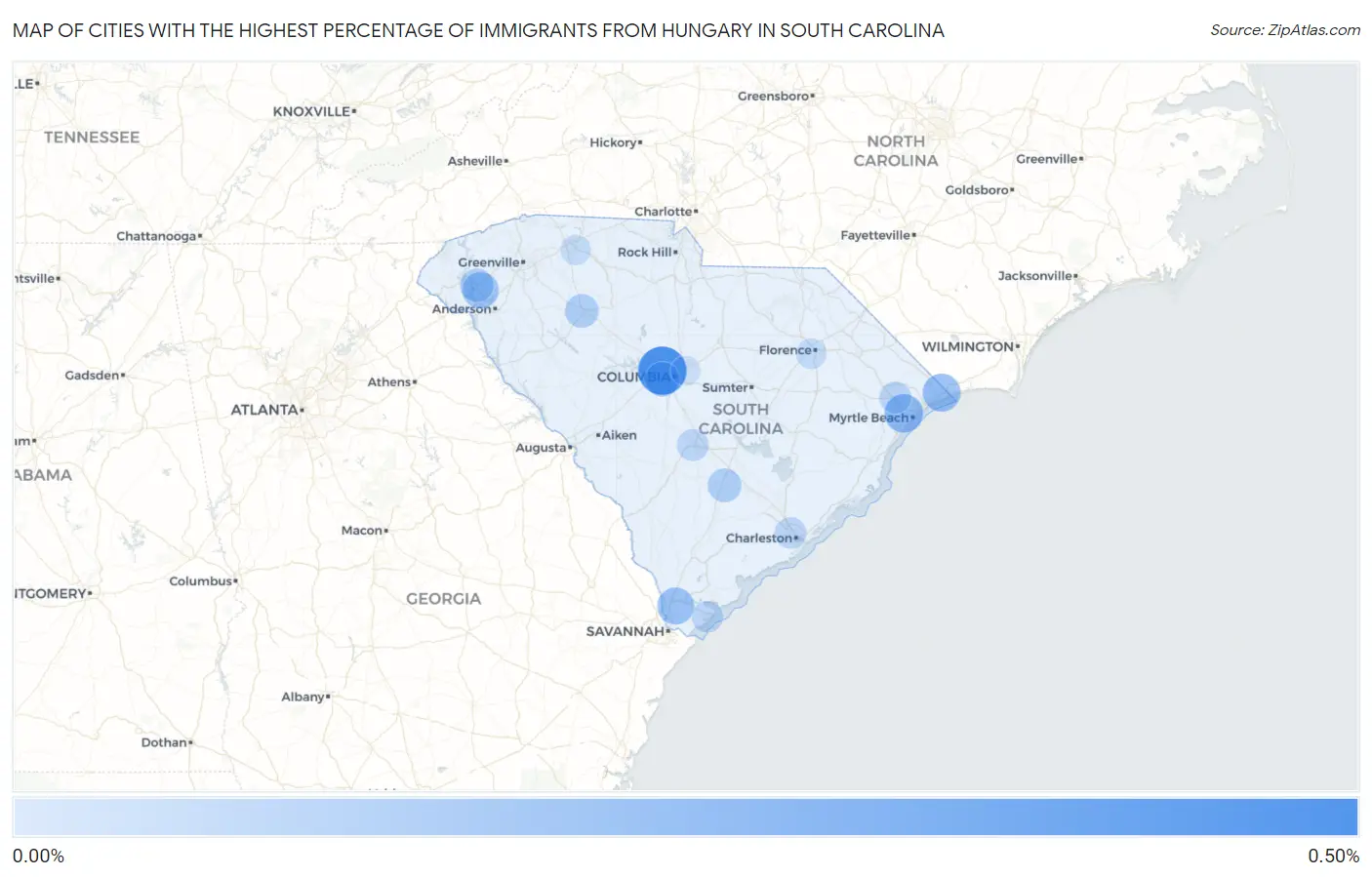 Cities with the Highest Percentage of Immigrants from Hungary in South Carolina Map