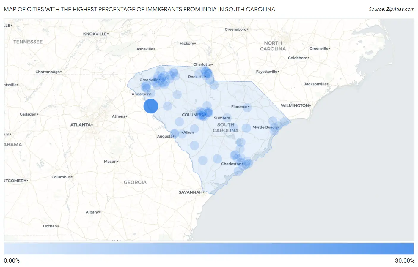 Cities with the Highest Percentage of Immigrants from India in South Carolina Map