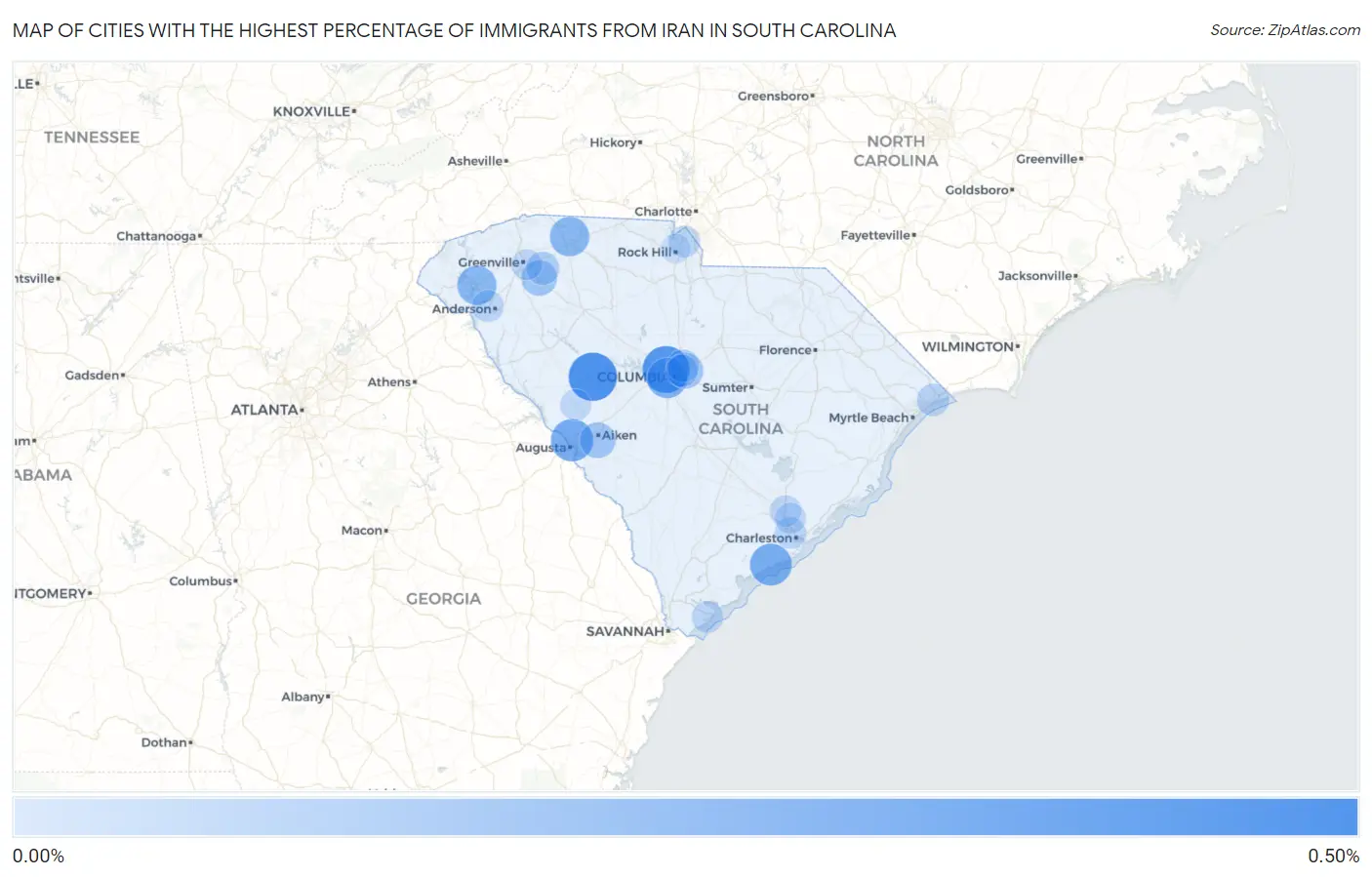 Cities with the Highest Percentage of Immigrants from Iran in South Carolina Map