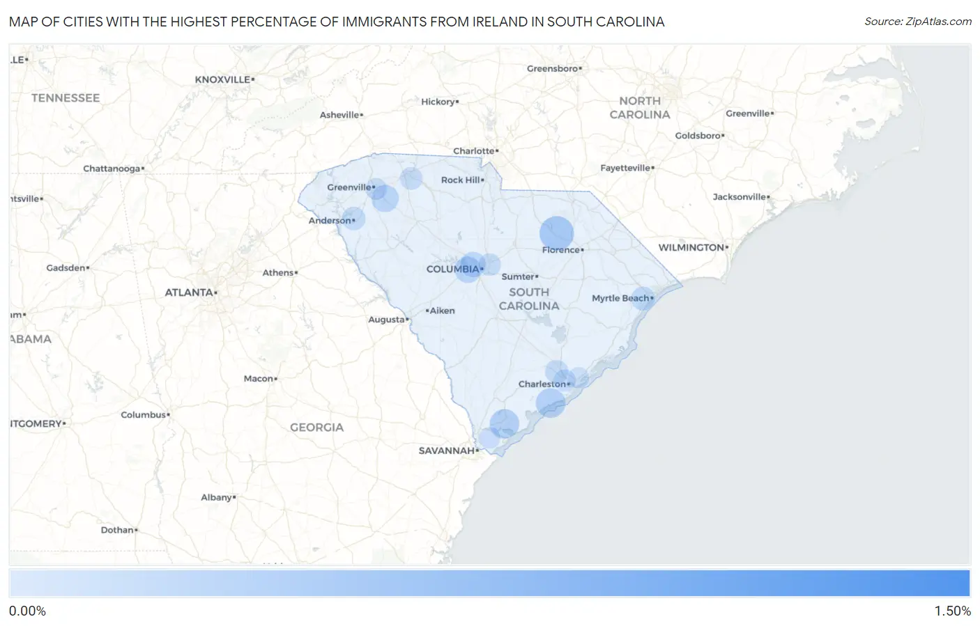 Cities with the Highest Percentage of Immigrants from Ireland in South Carolina Map