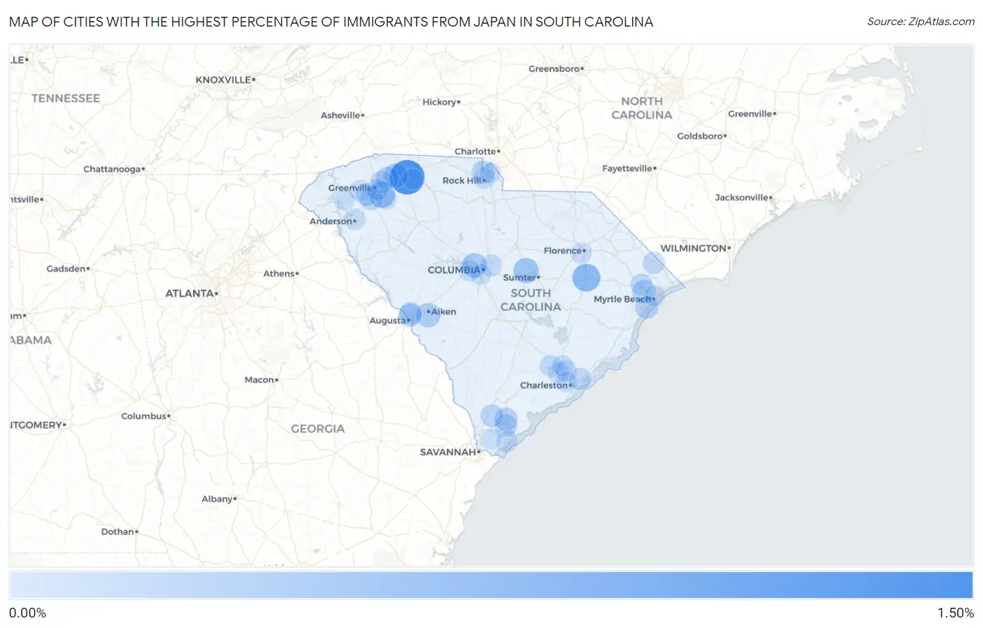 Cities with the Highest Percentage of Immigrants from Japan in South Carolina Map