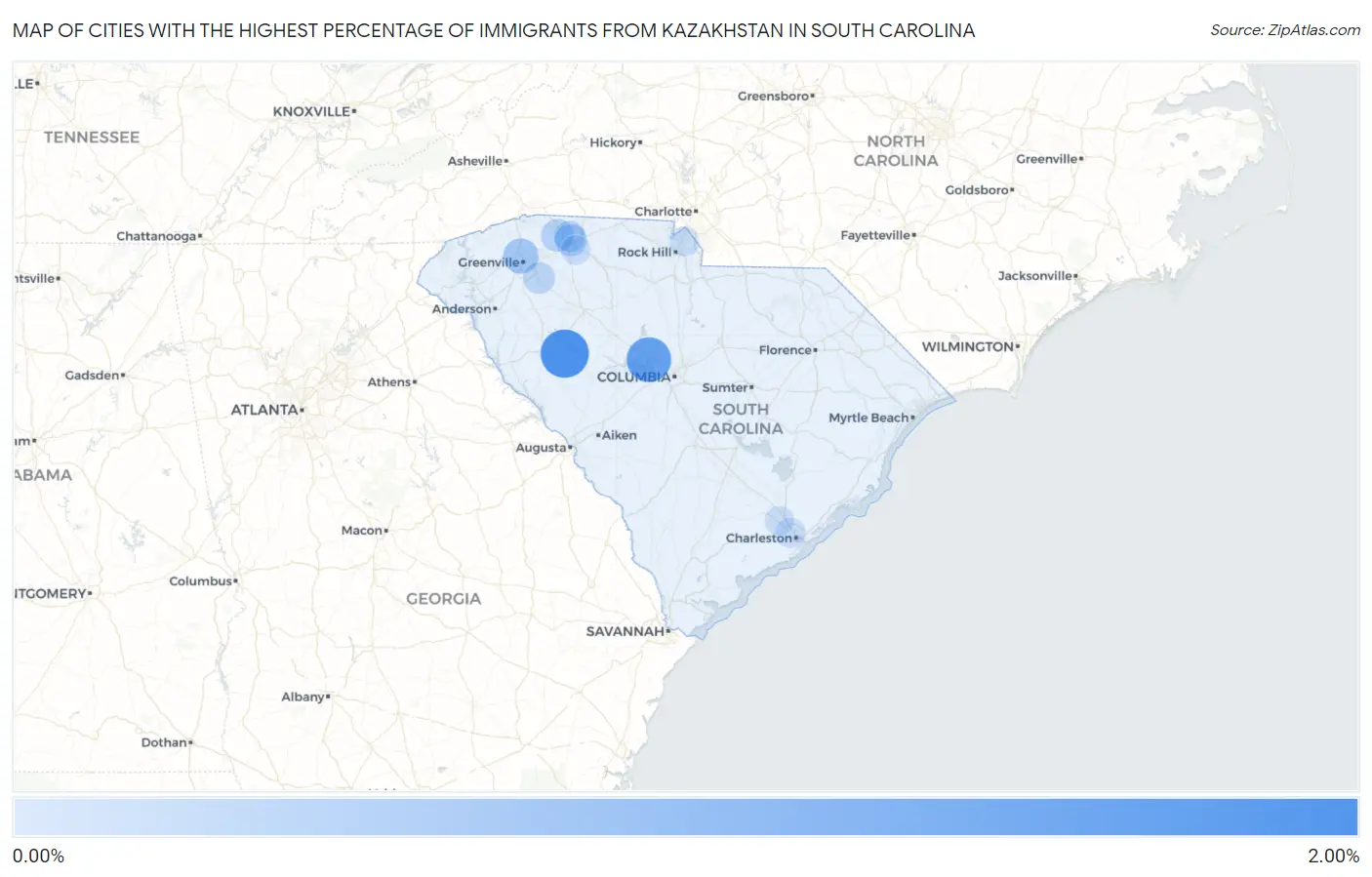 Cities with the Highest Percentage of Immigrants from Kazakhstan in South Carolina Map