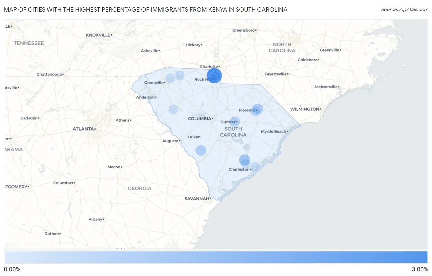 Cities with the Highest Percentage of Immigrants from Kenya in South Carolina Map