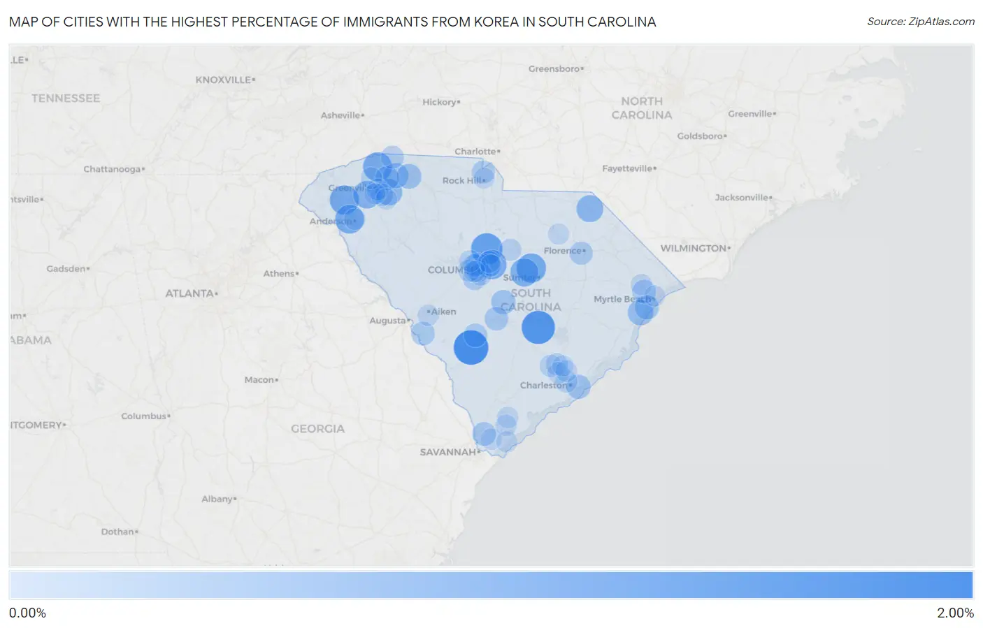 Cities with the Highest Percentage of Immigrants from Korea in South Carolina Map