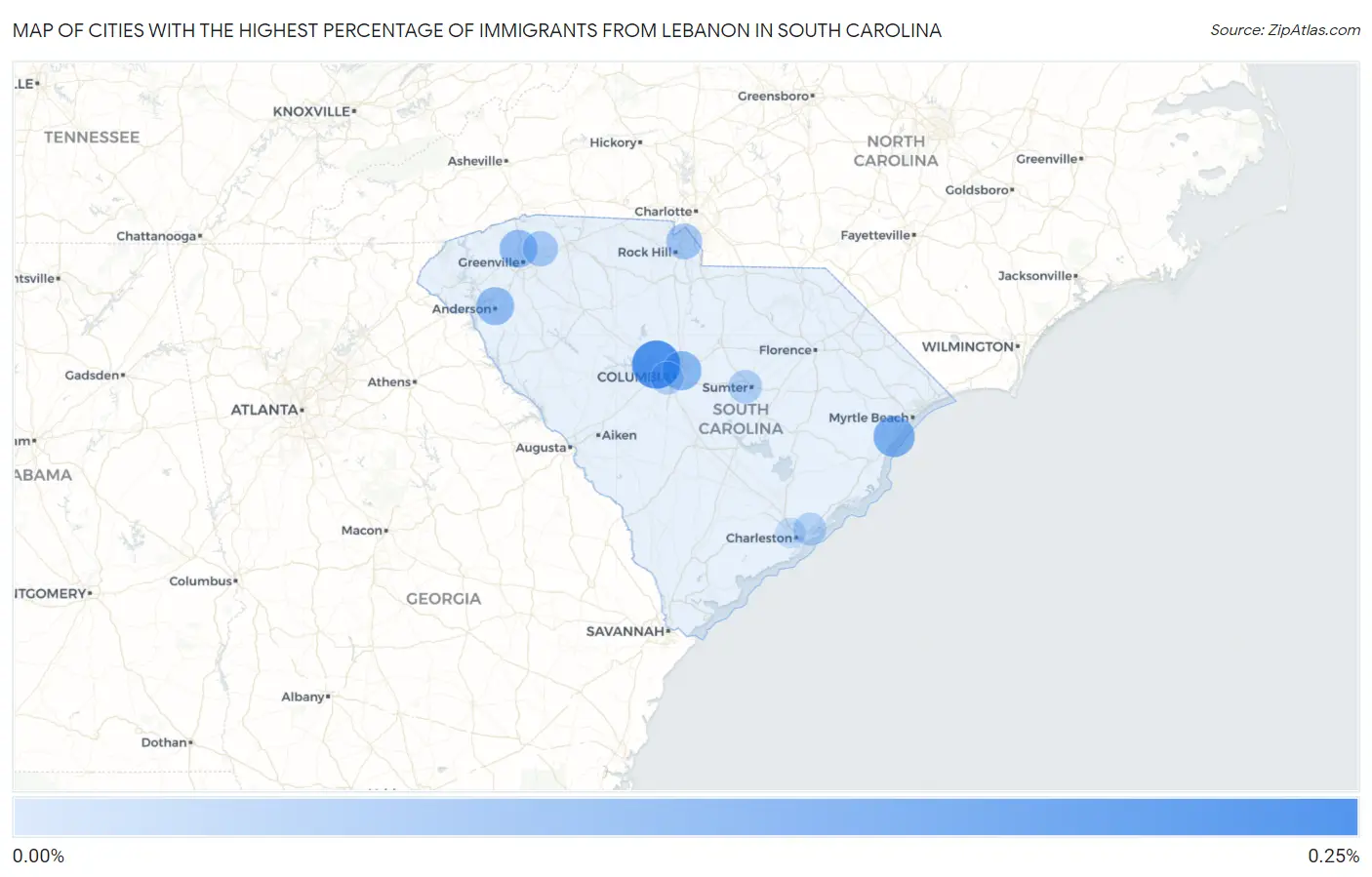 Cities with the Highest Percentage of Immigrants from Lebanon in South Carolina Map