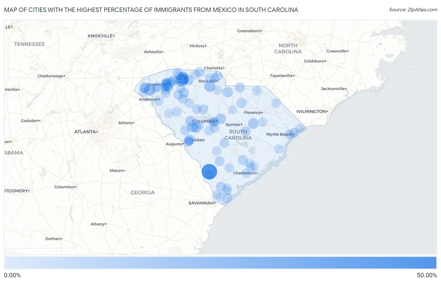 Cities with the Highest Percentage of Immigrants from Mexico in South Carolina Map