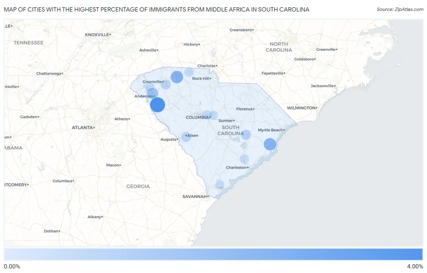 Cities with the Highest Percentage of Immigrants from Middle Africa in South Carolina Map
