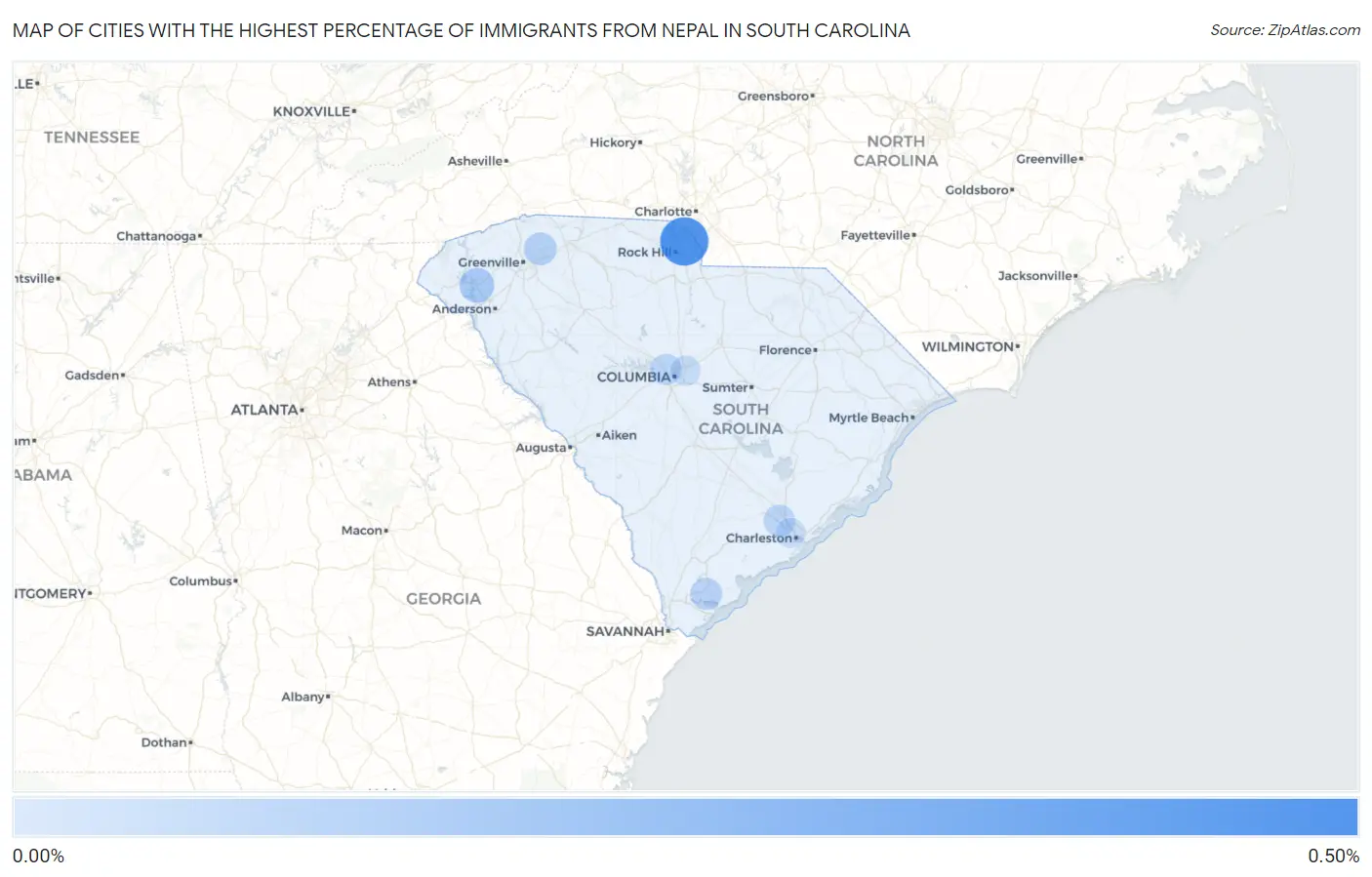 Cities with the Highest Percentage of Immigrants from Nepal in South Carolina Map