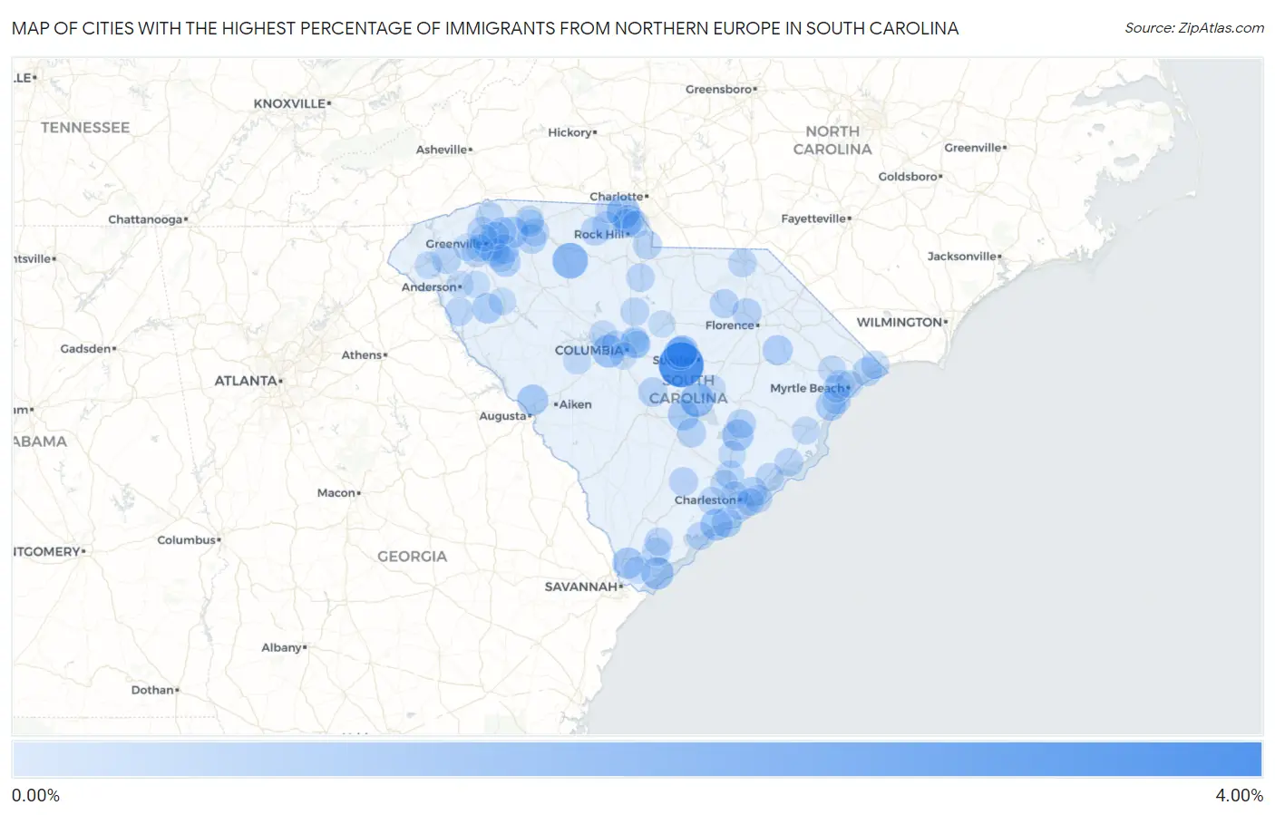 Cities with the Highest Percentage of Immigrants from Northern Europe in South Carolina Map