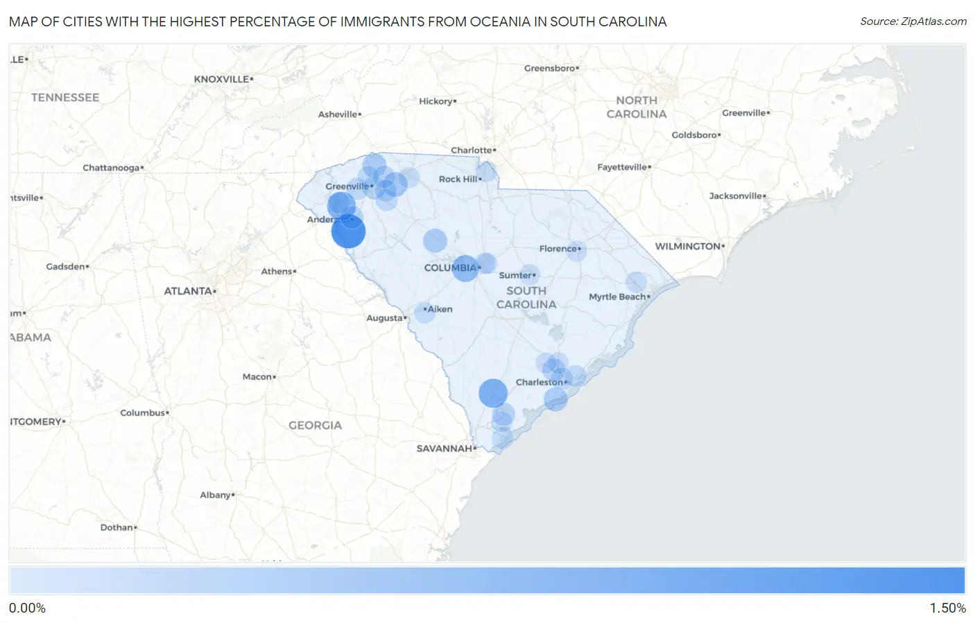 Cities with the Highest Percentage of Immigrants from Oceania in South Carolina Map