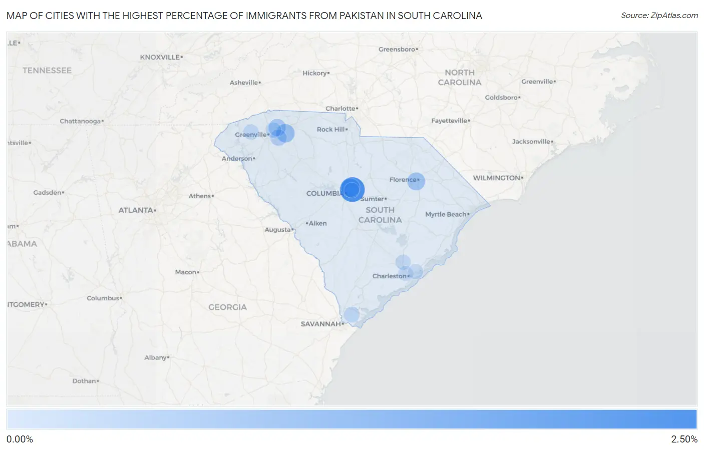 Cities with the Highest Percentage of Immigrants from Pakistan in South Carolina Map