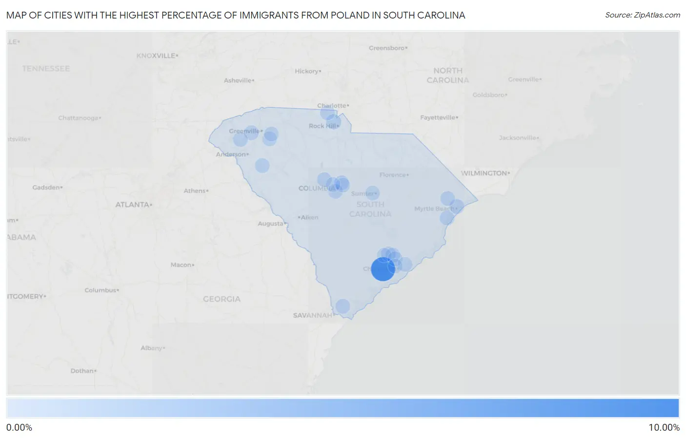 Cities with the Highest Percentage of Immigrants from Poland in South Carolina Map