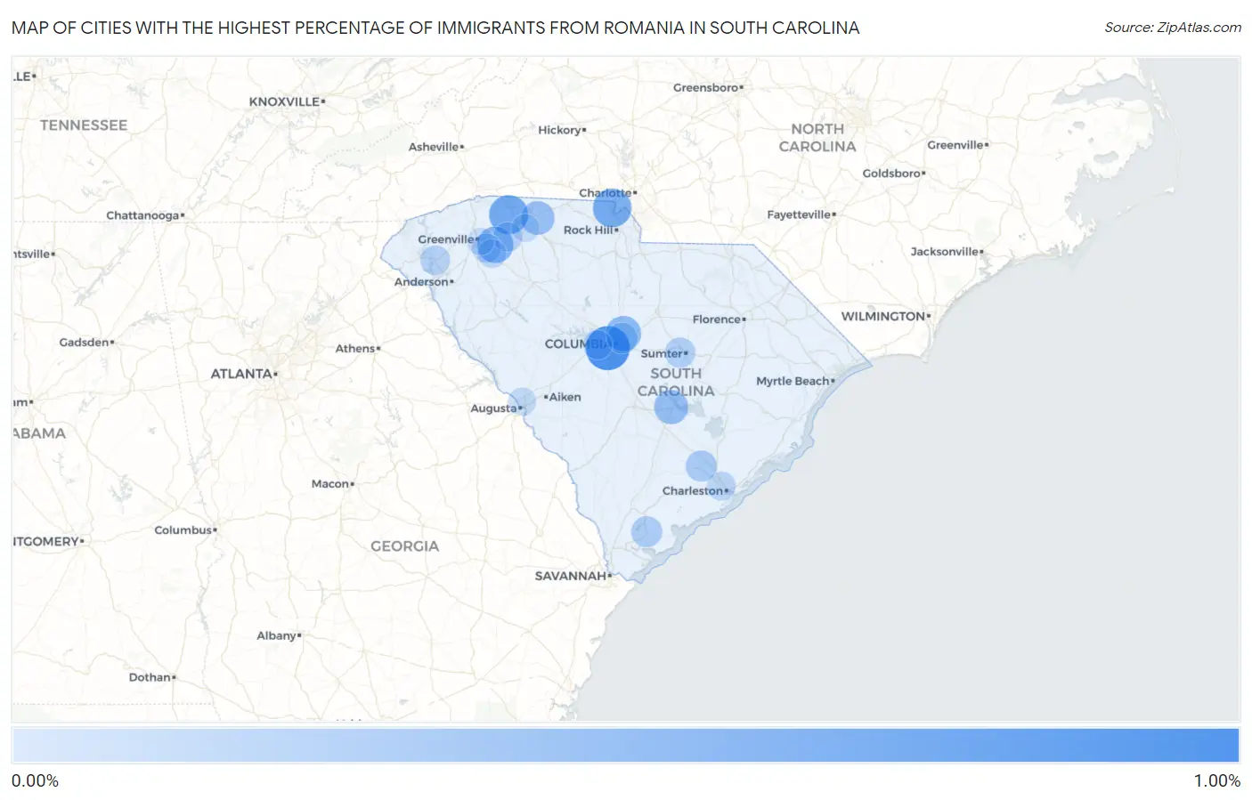 Cities with the Highest Percentage of Immigrants from Romania in South Carolina Map