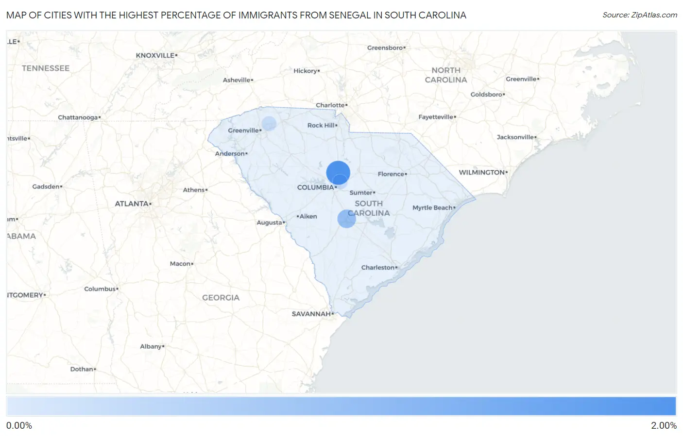 Cities with the Highest Percentage of Immigrants from Senegal in South Carolina Map