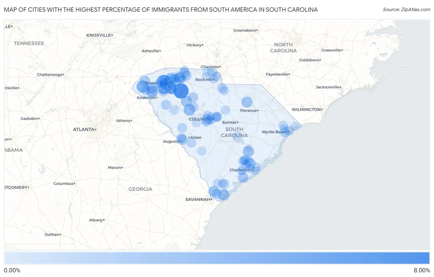 Cities with the Highest Percentage of Immigrants from South America in South Carolina Map
