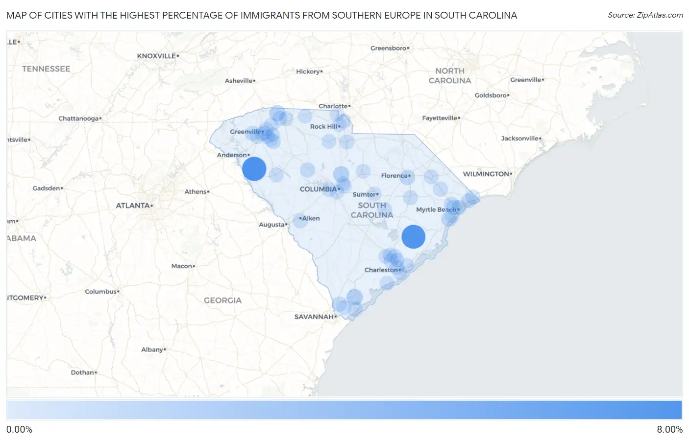 Cities with the Highest Percentage of Immigrants from Southern Europe in South Carolina Map