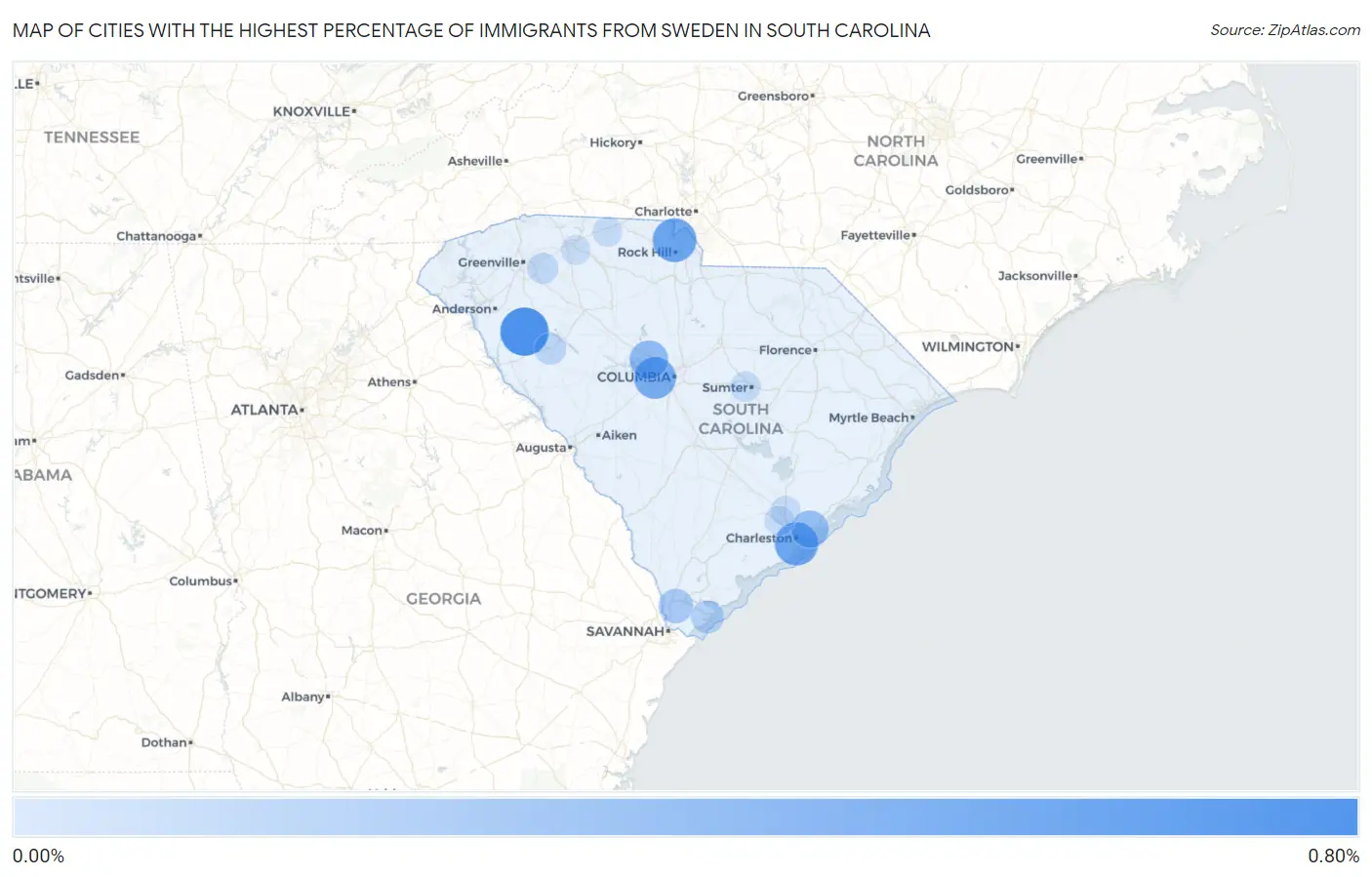 Cities with the Highest Percentage of Immigrants from Sweden in South Carolina Map