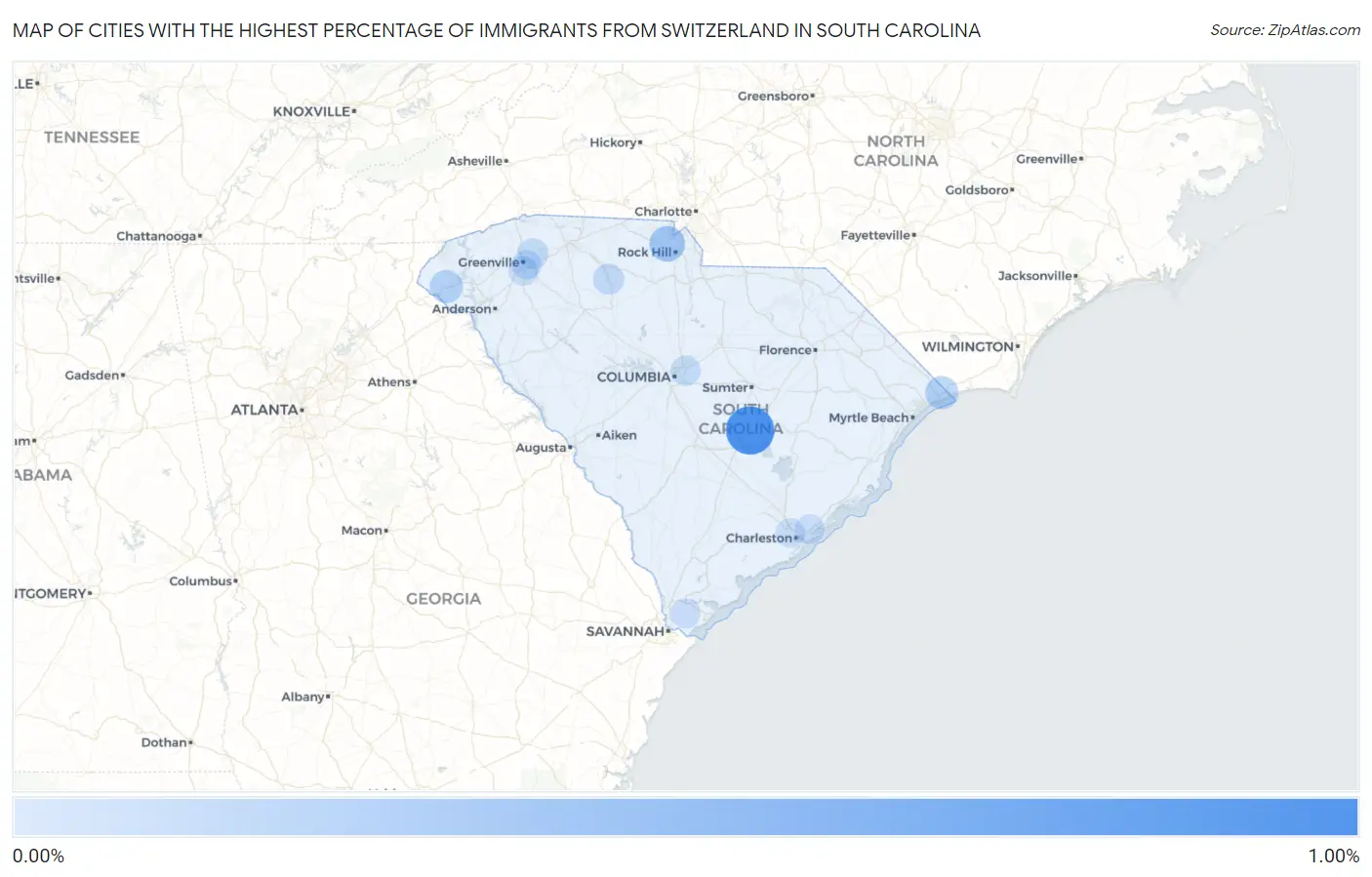 Cities with the Highest Percentage of Immigrants from Switzerland in South Carolina Map