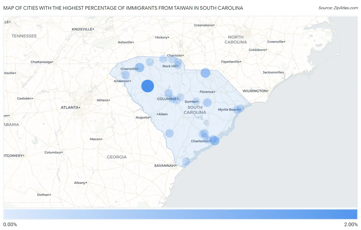 Cities with the Highest Percentage of Immigrants from Taiwan in South Carolina Map