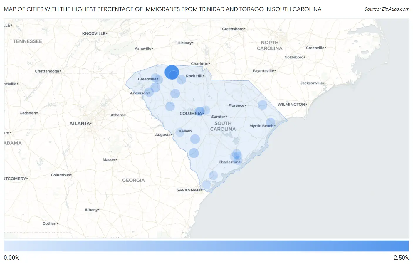Cities with the Highest Percentage of Immigrants from Trinidad and Tobago in South Carolina Map
