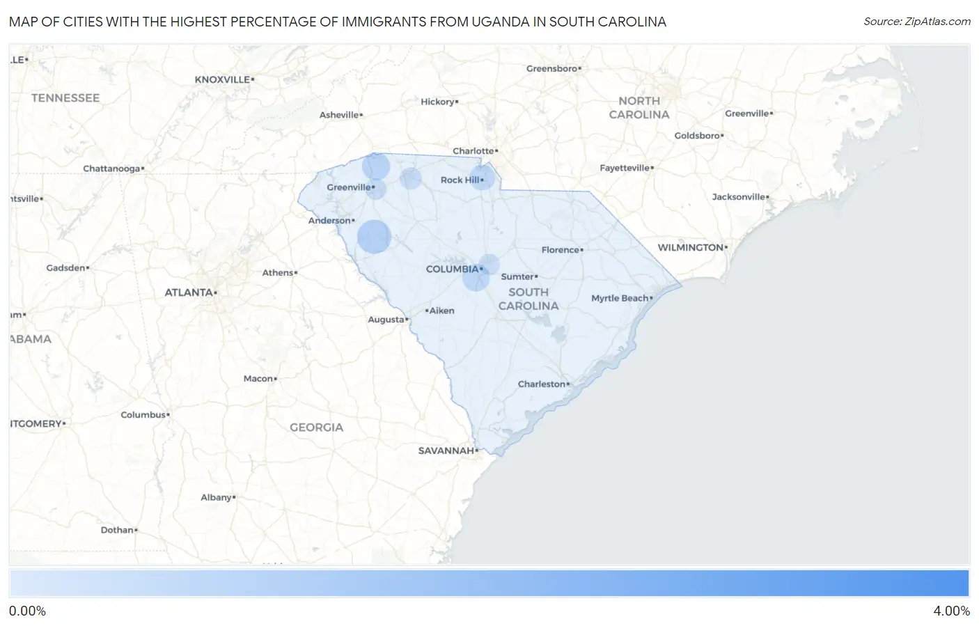 Cities with the Highest Percentage of Immigrants from Uganda in South Carolina Map