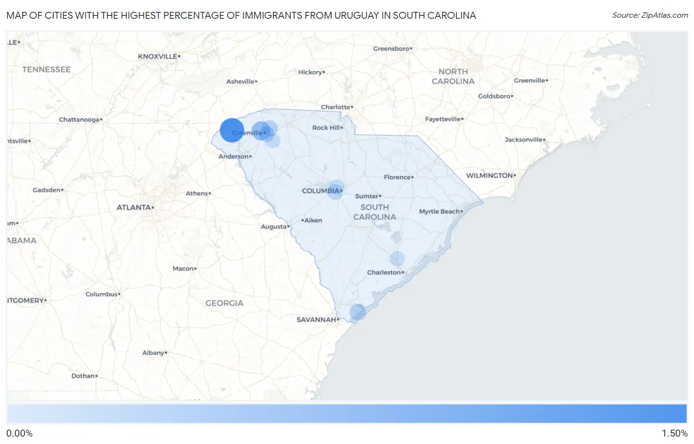 Cities with the Highest Percentage of Immigrants from Uruguay in South Carolina Map