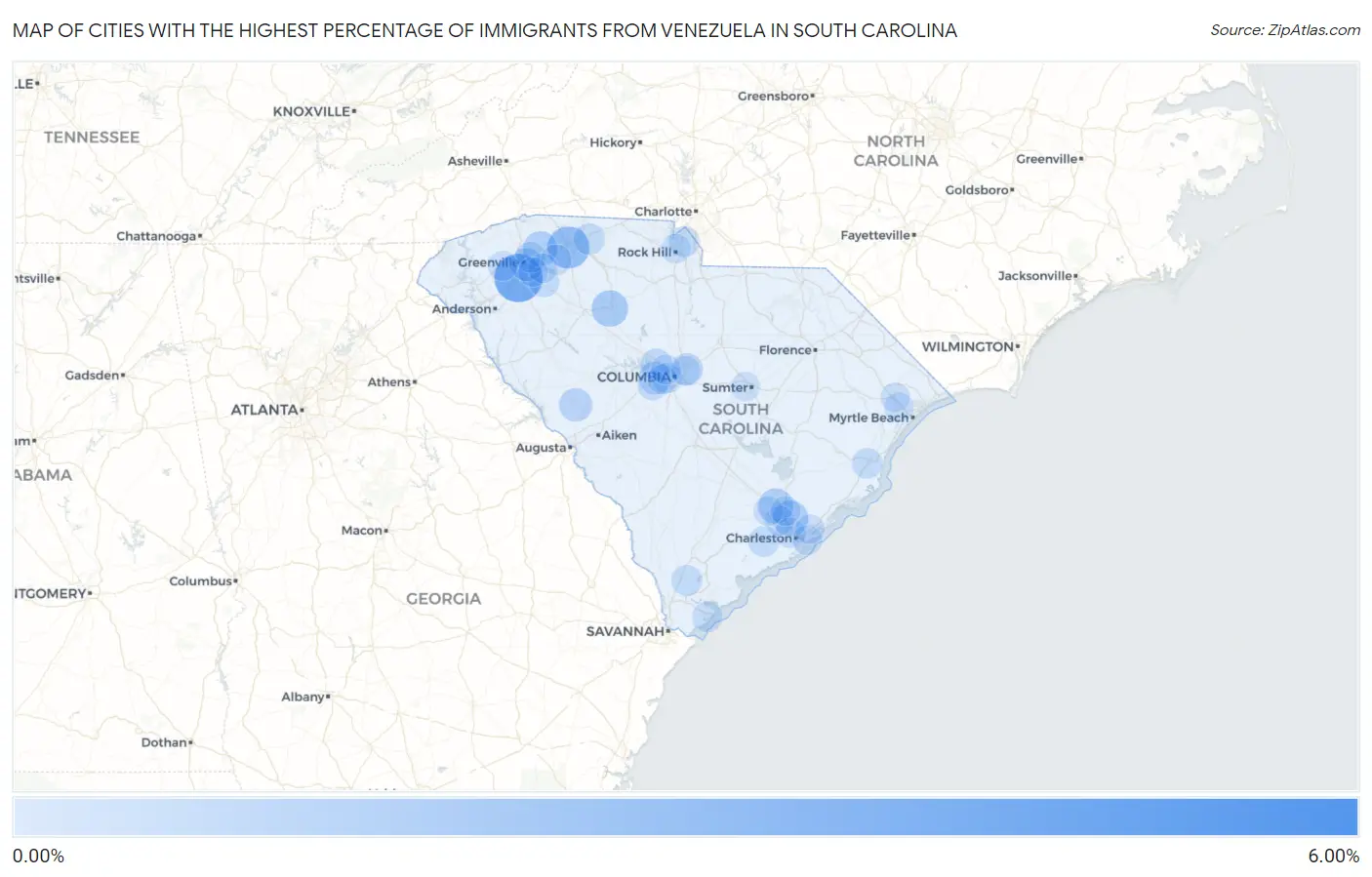 Cities with the Highest Percentage of Immigrants from Venezuela in South Carolina Map