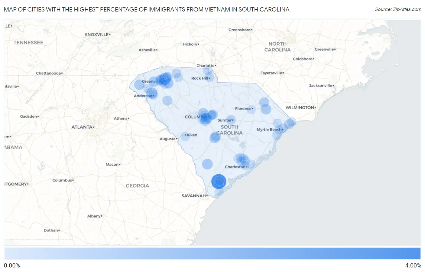 Cities with the Highest Percentage of Immigrants from Vietnam in South Carolina Map