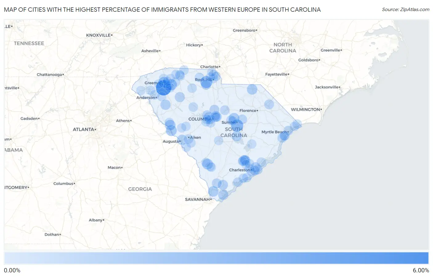 Cities with the Highest Percentage of Immigrants from Western Europe in South Carolina Map