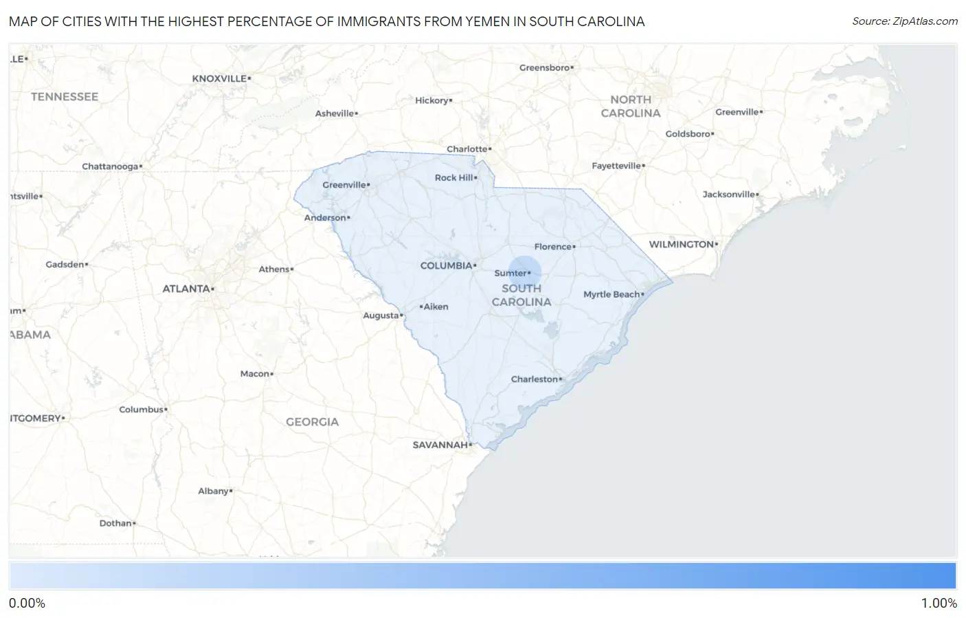 Cities with the Highest Percentage of Immigrants from Yemen in South Carolina Map