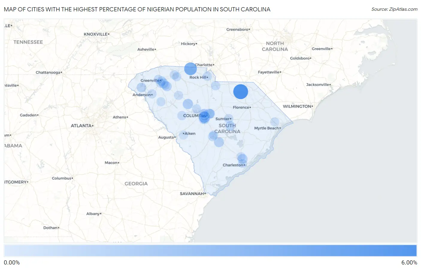 Cities with the Highest Percentage of Nigerian Population in South Carolina Map