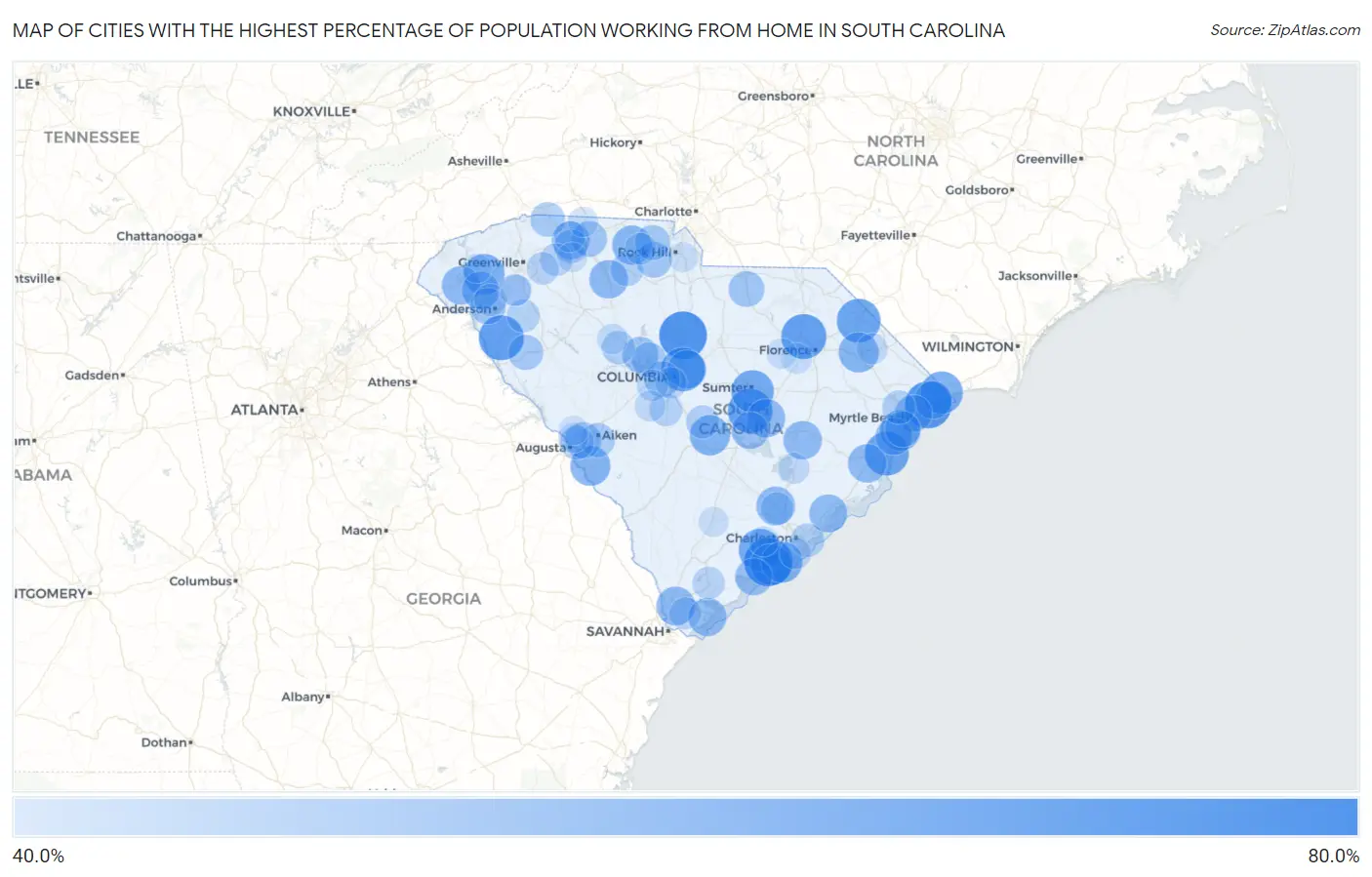 Cities with the Highest Percentage of Population Working from Home in South Carolina Map