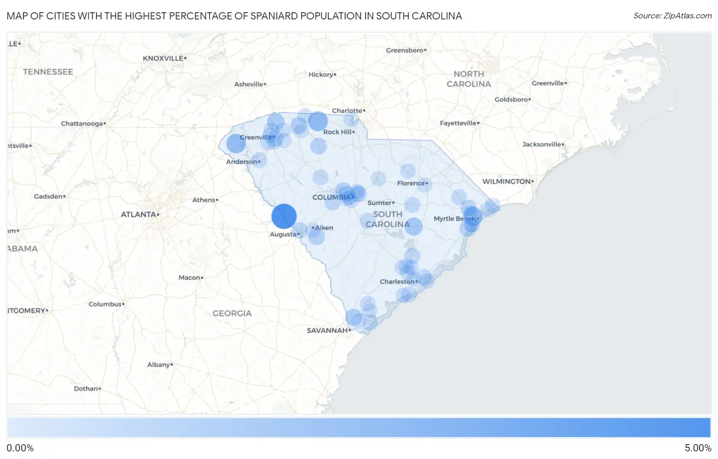Cities with the Highest Percentage of Spaniard Population in South Carolina Map