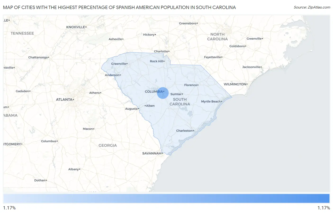 Cities with the Highest Percentage of Spanish American Population in South Carolina Map