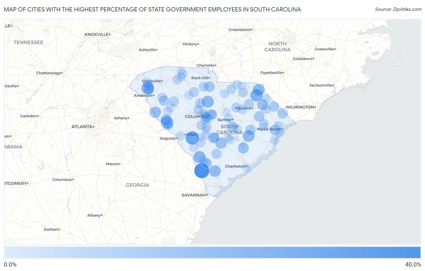 Cities with the Highest Percentage of State Government Employees in South Carolina Map