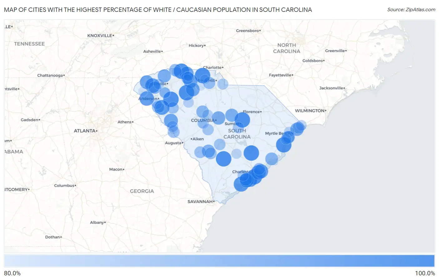 Cities with the Highest Percentage of White / Caucasian Population in South Carolina Map