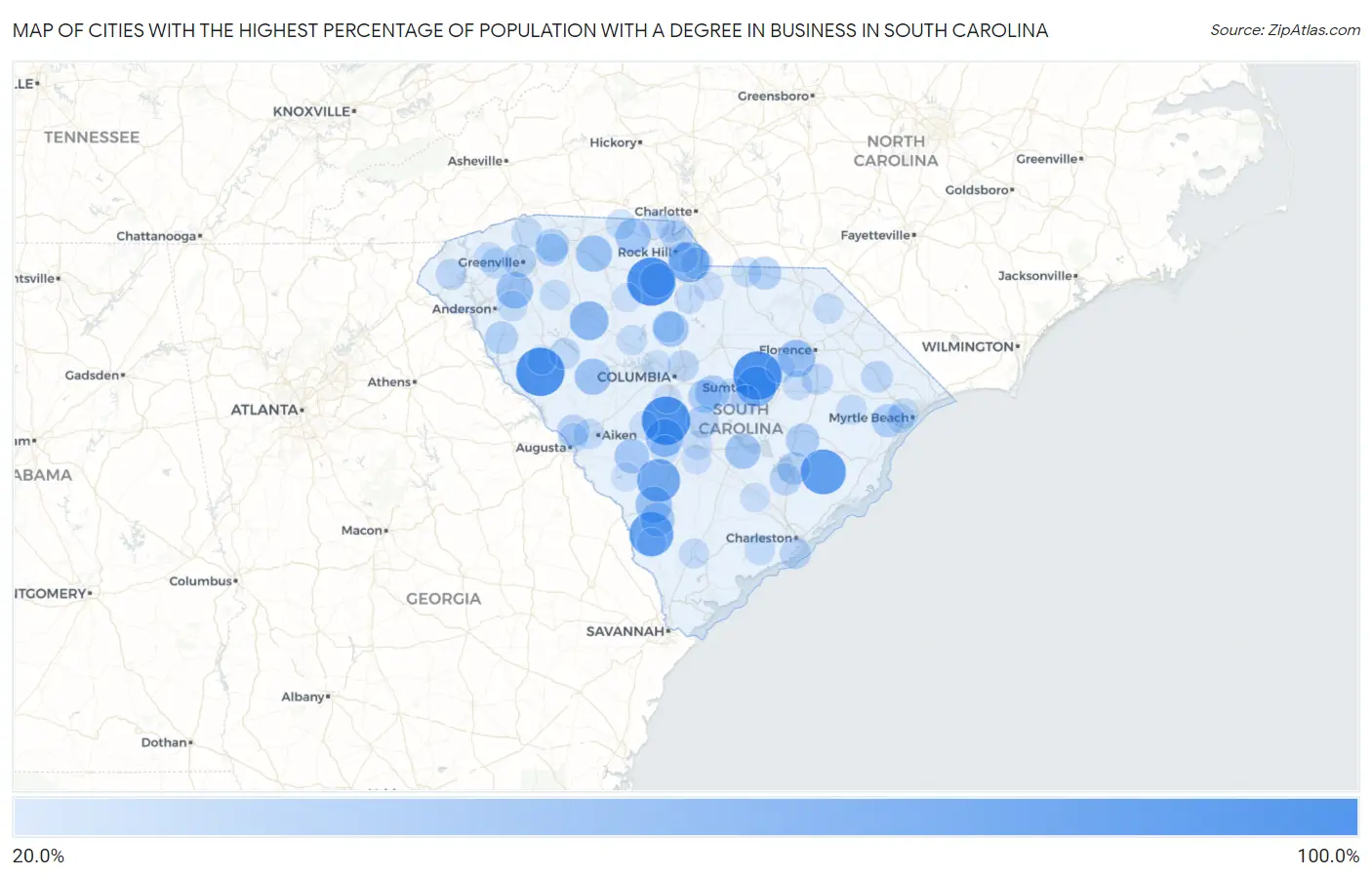 Cities with the Highest Percentage of Population with a Degree in Business in South Carolina Map